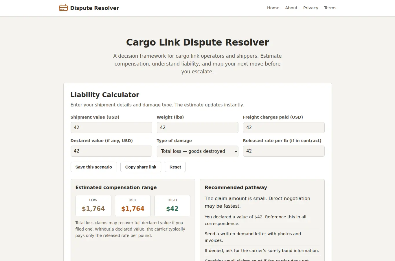 Screenshot of Cargo Link Dispute Resolver interface showing the project page in use
